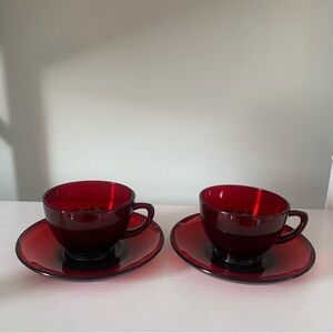 Set of 2 France Arcoroc Ruby Red Glass Tea Cups & Saucers